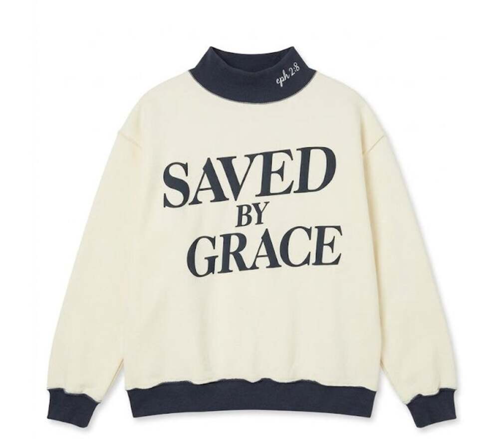 "Saved By Grace Eph 2:8" Cream/Charcoal Mock Neck Sweatshirt